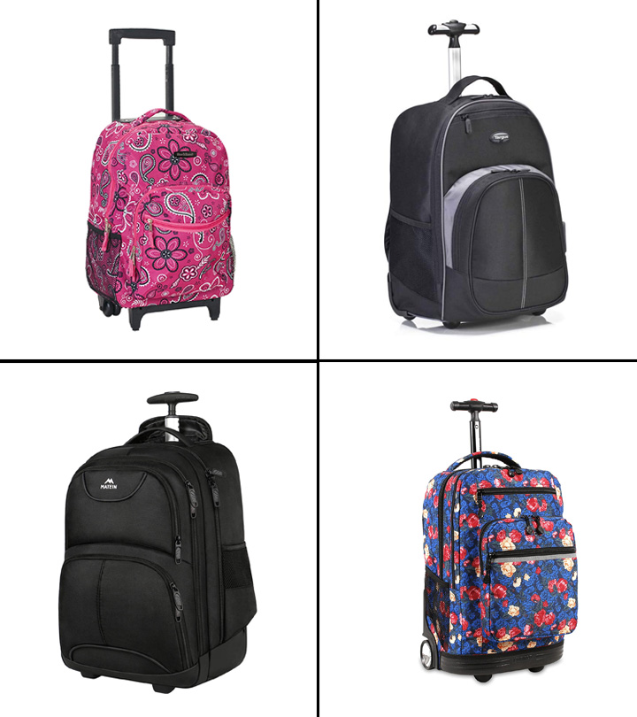  Solid-Color Rolling Backpack for Girls, Trolley Wheel School  Bag, Black Wheeled Bookbag on 6 Wheels