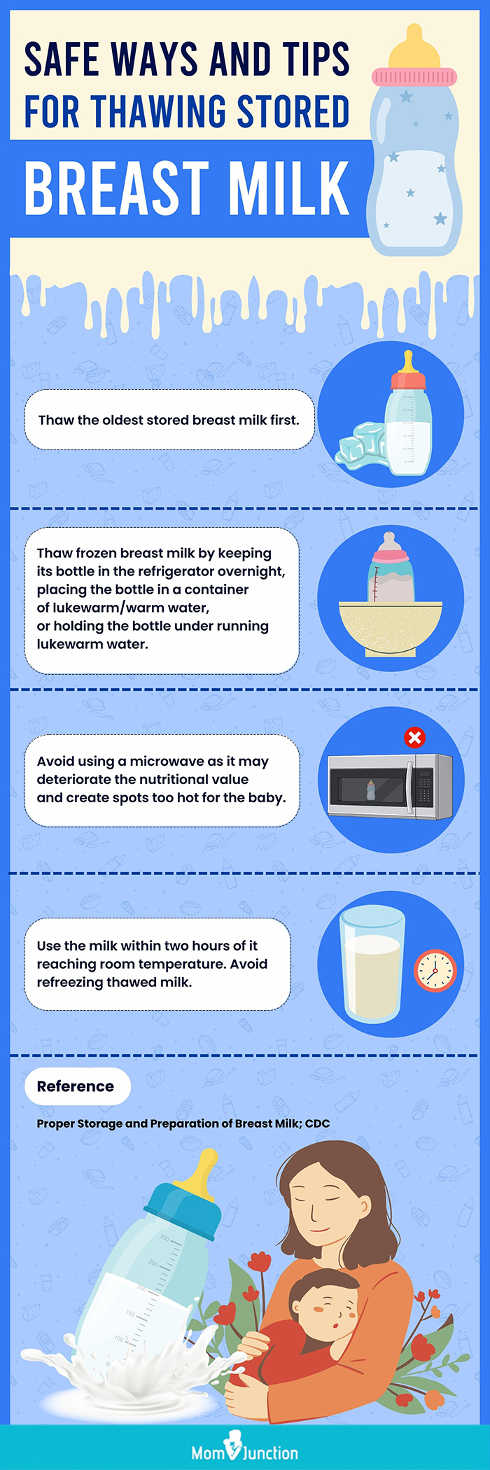 safe ways and tips for thawing stored breast milk (infographic)