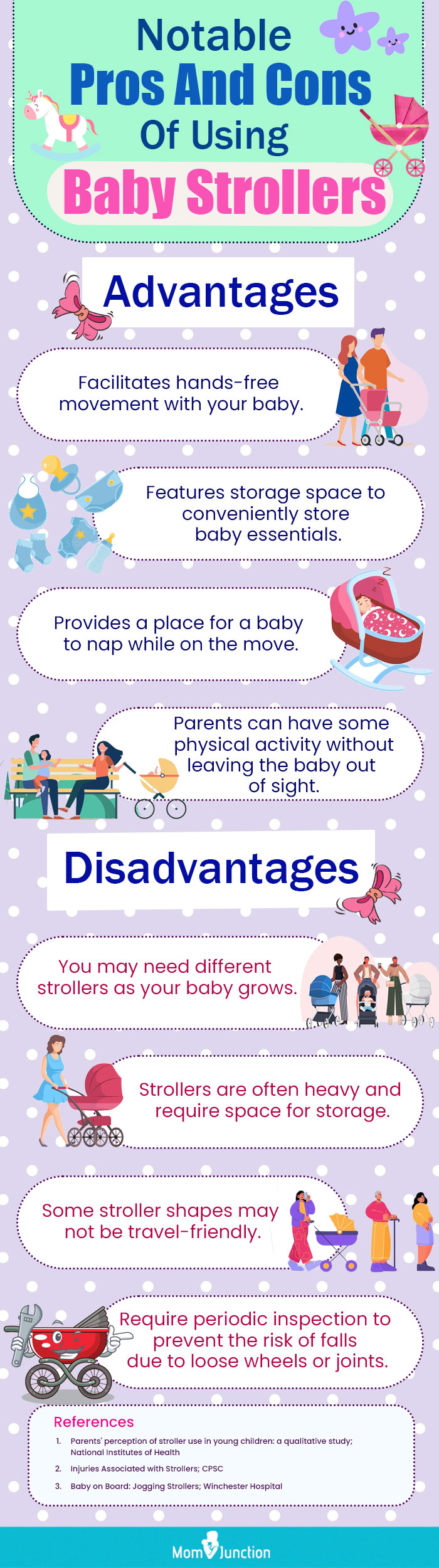 notable pros and cons of using baby strollers (infographic)
