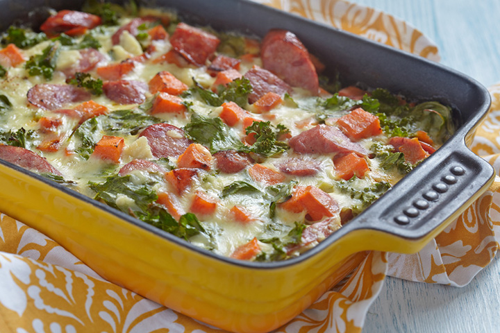 Kale, cauliflower, and sweet potato gratin kid-friendly casserole recipe