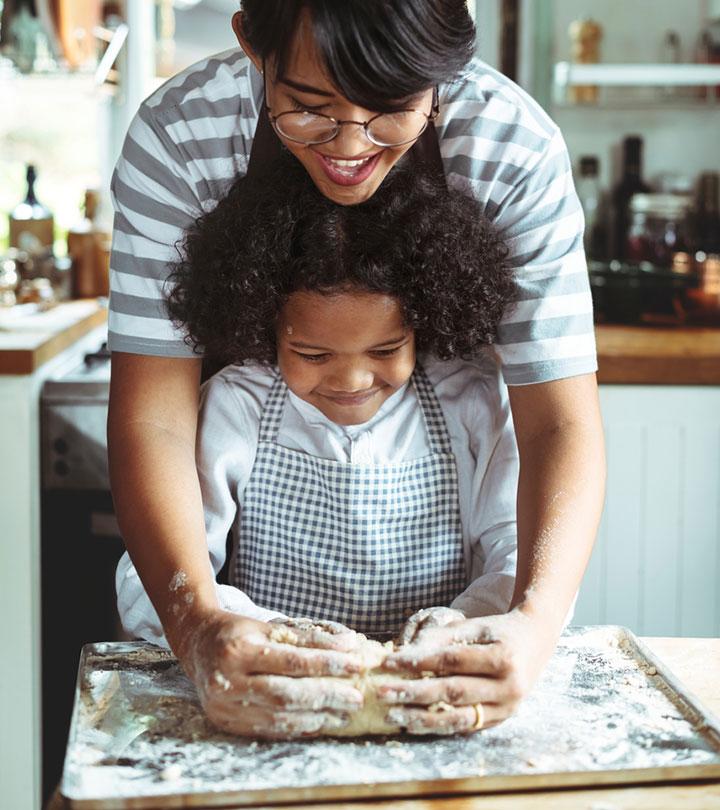 A mom doing some baking with her children