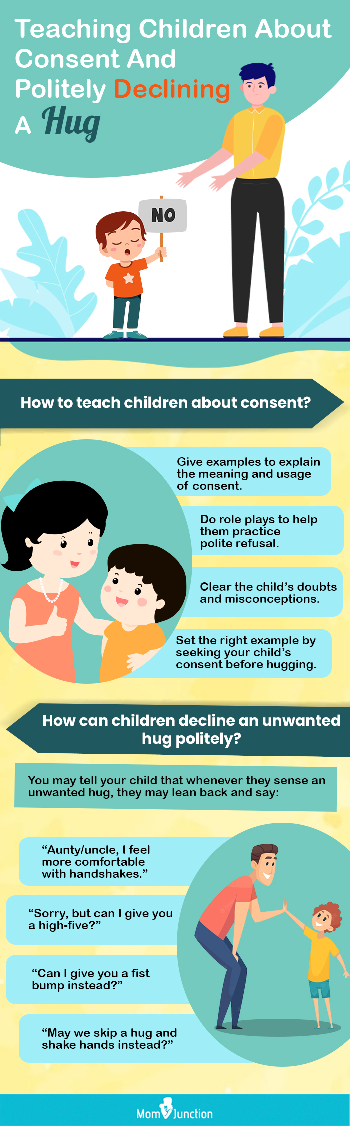 teaching children about consent and politely declining a hug (infographic)