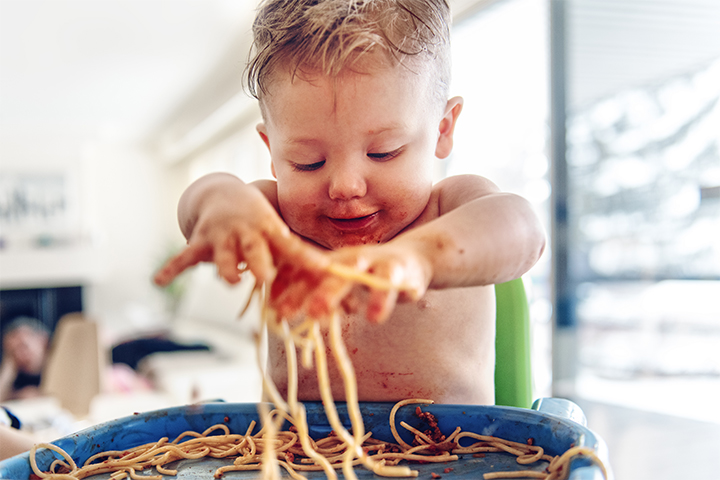 Babies can play with raw pasta and spaghetti