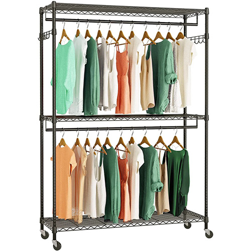 86 inches Double Rod Closet Organizer, Tall Freestanding 3 Tiers Shelves  Clothes Garment Racks