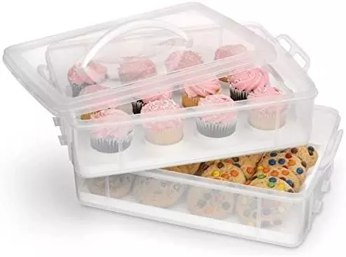 Cupcake Carrier with Handle, 2-Tier Cupcake Holder for 24 Cupcakes, Portable Cupcake Storage Container with Lid & Snaps, Stackable Clear Plastic