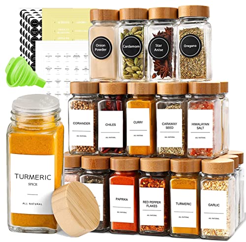 Le'raze Glass Spice Jars with Label Set, Bamboo Lids & Funnel