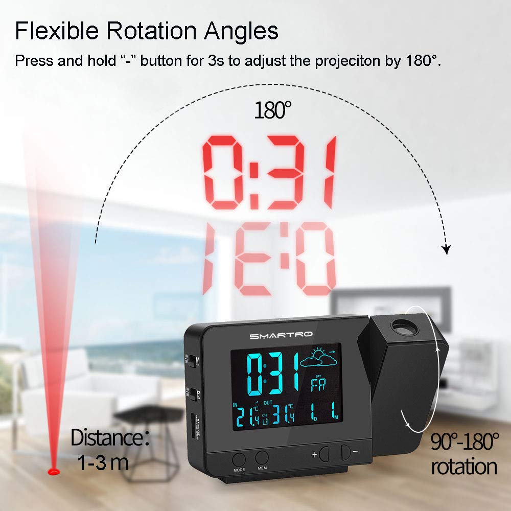 DR.PREPARE Projection Alarm Clock, Digital Clock Projector on Ceiling with  Indoor/Outdoor Temperature Display, Dual Alarms, Colored Backlight, Weather
