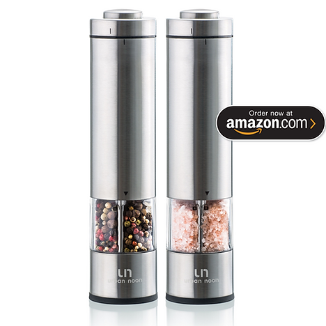 Urban Noon Premium Salt and Pepper Grinder Set - Stainless Steel Mills with Stand in Luxurious Gift-Box - Shakers with Ceramic Grinders and Adjustable